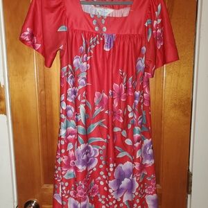 Sears Red Floral House Dress Mumu with Purple and Green Floral